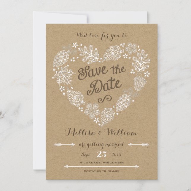 Save The Date Feuilles de dentelle - Tombez amoureux Sauvegarder (Devant)