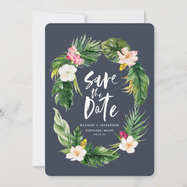 Save The Date Feuilles de palmier tropicales et aquarelle fleuri (Devant)