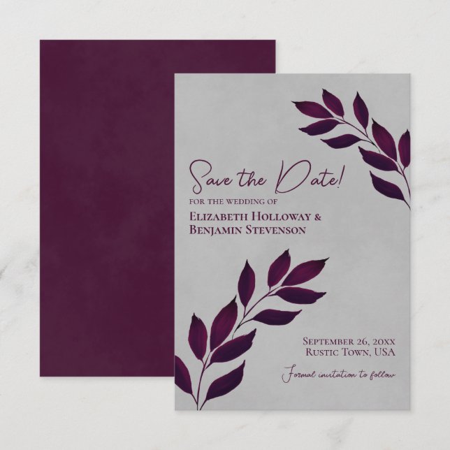 Save The Date Feuilles désireux Élégant Magenta sur Mariage gris (Devant / Derrière)