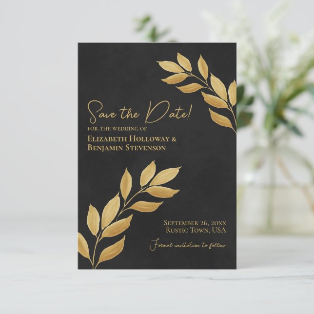 Save The Date Feuilles désireux Élégant Mariage noir et or (Debout devant)
