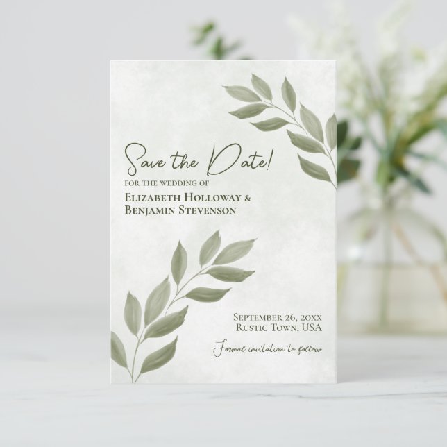 Save The Date Feuilles désireux Moderne Minimal Sage Mariage ver (Debout devant)