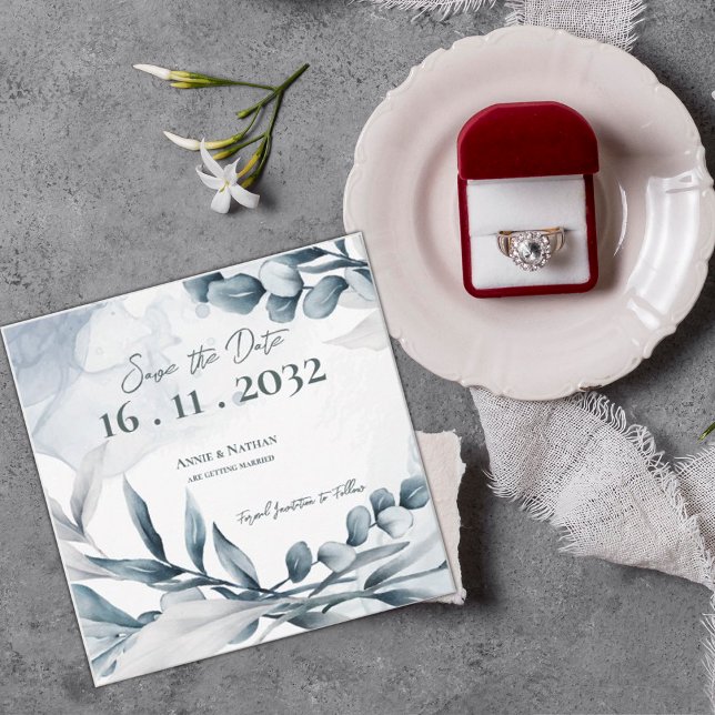 Save The Date Feuilles d'Eucalyptus Bleu Poussiéreux Mariage Élé (Dusty Blue Eucalyptus Leaves Elegant Wedding Save The Date)