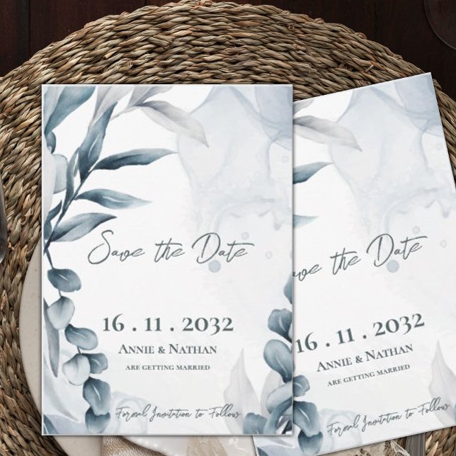 Save The Date Feuilles d'Eucalyptus Bleu Poussiéreux Mariage Élé (Dusty Blue Eucalyptus Leaves Elegant Wedding Save The Date)