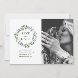 Save The Date Feuilles d'olive à l'aquarelle. Couronne botanique