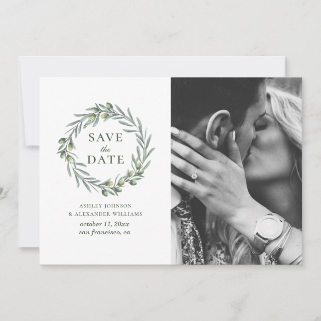 Save The Date Feuilles d'olive à l'aquarelle. Couronne botanique (Devant)