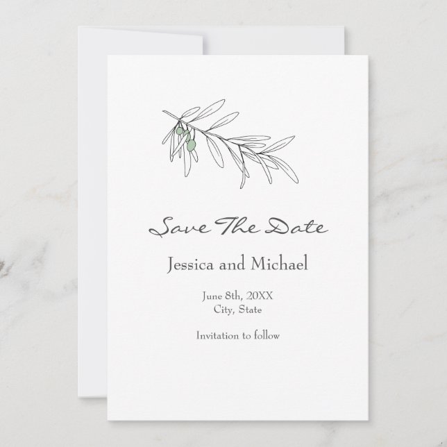 Save The Date Feuilles d'olive vert dessinés à la main (Devant)