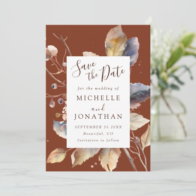 Save The Date Feuilles d'or automne sur Terracotta Mariage chrét (Debout devant)