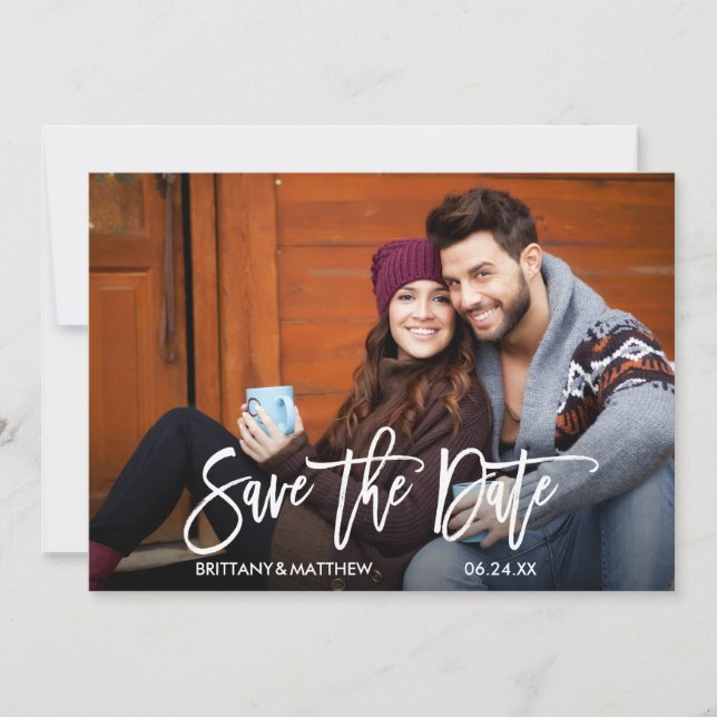 Save The Date Fiançailles photo moderne Brush Script Couple (Devant)