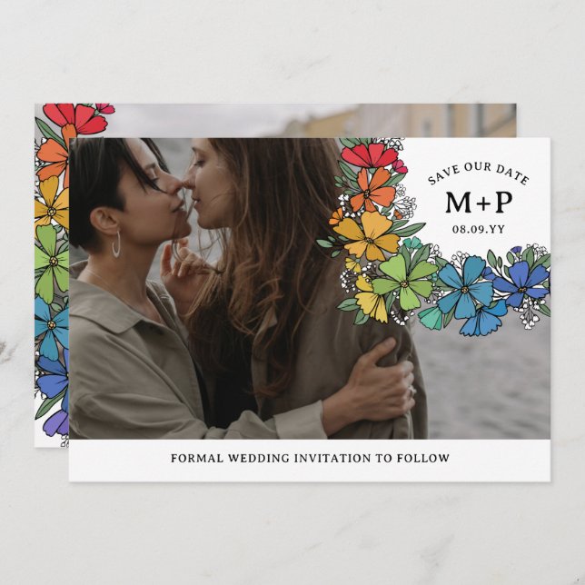 Save The Date Fierté Fleurs Monogram LGBTQ Photo (Devant / Derrière)