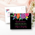Save the Date Fiesta Flowers Black and Floral Announcement Postcard<br><div class="desc">Floral Save the Date Postcards with watercolor fiesta flowers, which can be customized for any occasion. This black card has an abundance of colourful flowers, elegant pink script and modern typography. A beautiful floral design including peony, rose, fuchsia, lily and greenery in shades of pink, purple, orange, yellow, green and...</div>