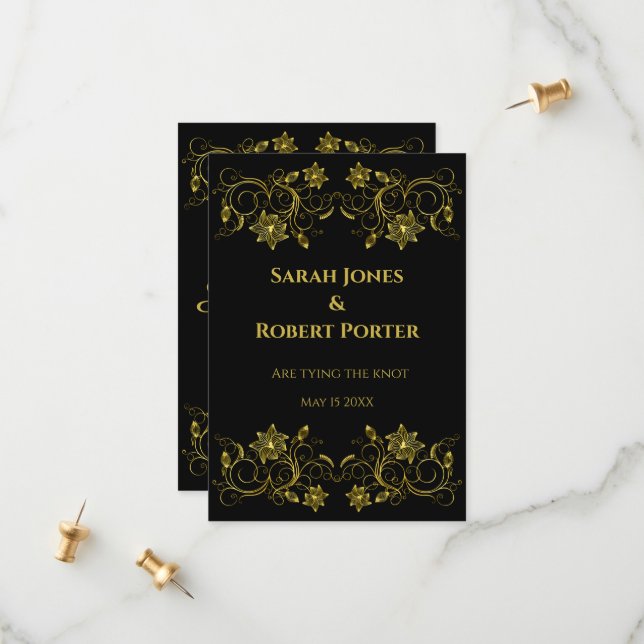 Save The Date Filigree or et script sur arrière - plan noir (Devant/Arrière en situation)