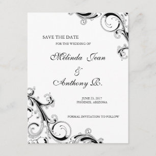 Save The Date Filigree Swirl noir avec blanc Enregistrer la date