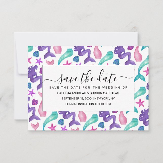 Save The Date Fille Aquarelle Mermaids Contes Coquillages Motif (Devant)