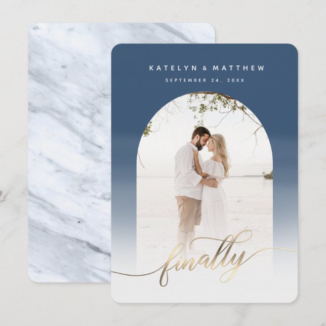 Save The Date Finalement Gold Script Denim Blue Arch encadré pho (Devant / Derrière)