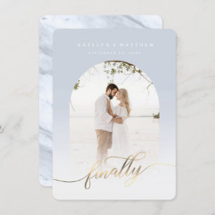 Save The Date Finalement Gold Script Dusty Blue Arched Photo enc