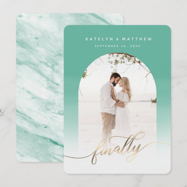 Save The Date Finalement Gold Script Jade Green Arched Photo enc (Devant / Derrière)