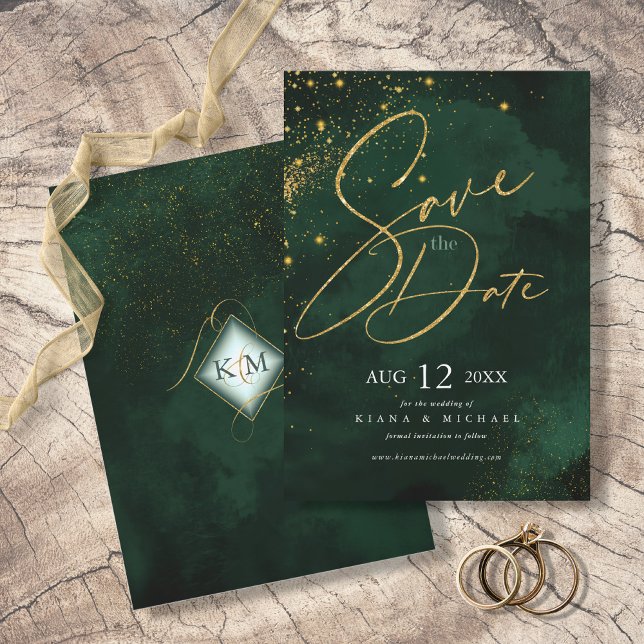 Save The Date Fine Lines Gold Abstrait Mariage Emerald ID867 (Créateur téléchargé)
