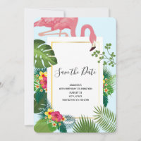 Flamant rose rose élégant et Feuilles tropicaux An