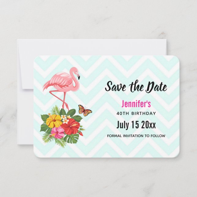 Save The Date Flamant rose rose & Hibiscus Tropical Fancy Annive (Devant)