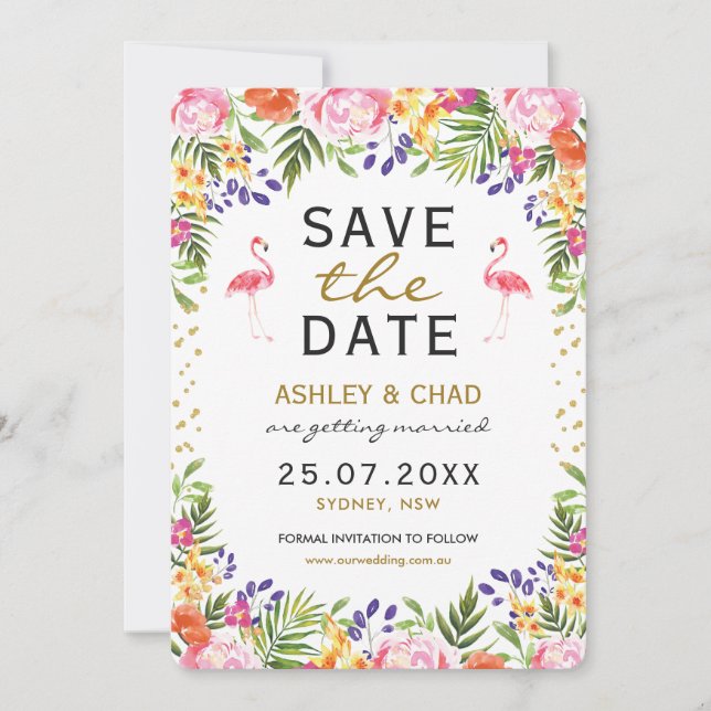 Save The Date Flamingo Floral Tropical Mariage Épargnez la Date (Devant)