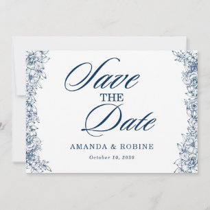 Save The Date Fleur Bleu Blanc Élégant Simple Enregistrer La Dat