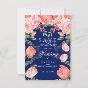 Save The Date Fleur botanique bleu foncé et corail