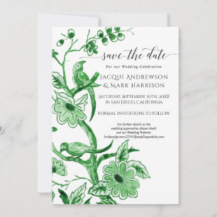 Save The Date Fleur de chinoiserie verte Kelly vintage blanc