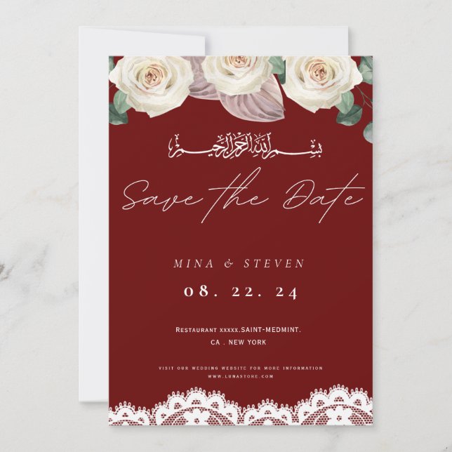 Save The Date Fleur de lace d'invitation musulmane rouge pour an (Devant)