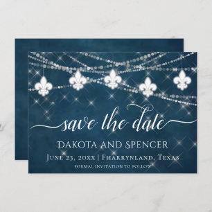 Save The Date Fleur de Lis Lumières Bleues Marine   Mariage rust