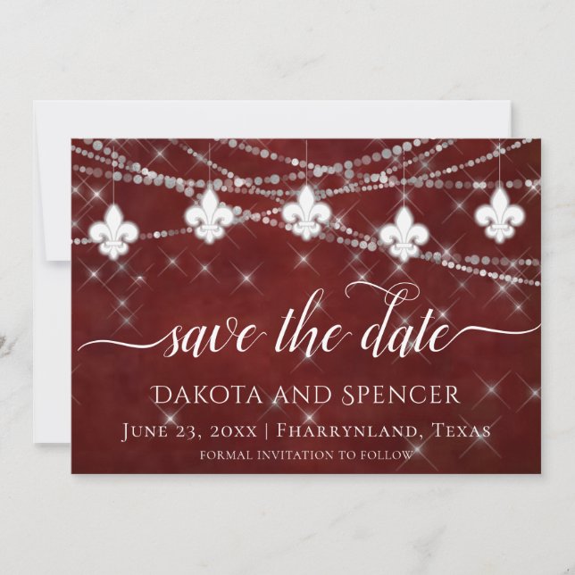 Save The Date Fleur de Lis Rouge foncé | Mariage élégant (Devant)