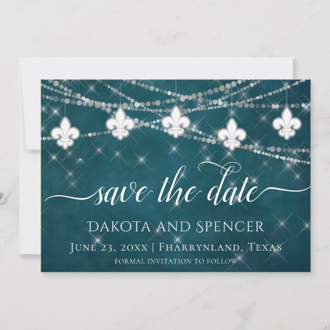 Save The Date Fleur de Lis Turquoise | Moody Dark Mariage (Devant)