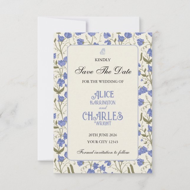 Save The Date Fleur de pois de senteur Bleu et Crème  (Devant)