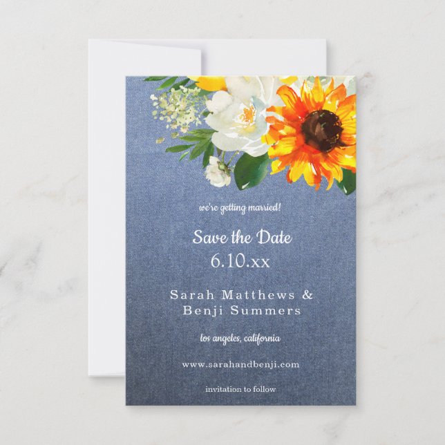 Save The Date Fleur de tournesol et Rose blanche Floral & Jean (Devant)