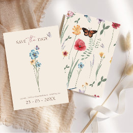 Save The Date Fleur sauvage bleu simple papillon Mariage floral