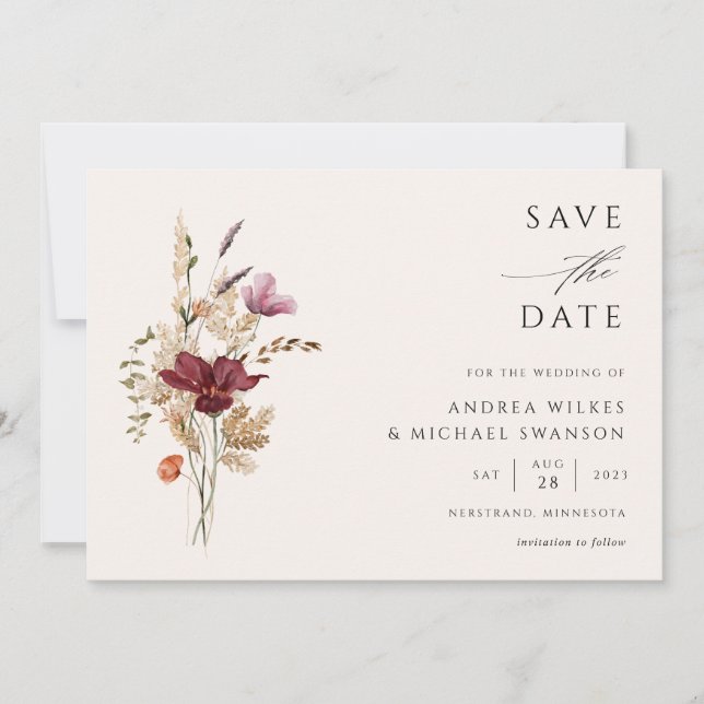 Save The Date Fleur sauvage Boho Elegant Mariage de automne (Devant)