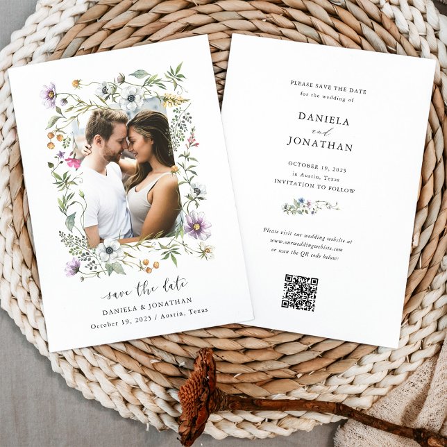 Save The Date Fleur sauvage botanique | Photo et code QR (An elegant wildflower wedding save the date, with your photo and a QR code)