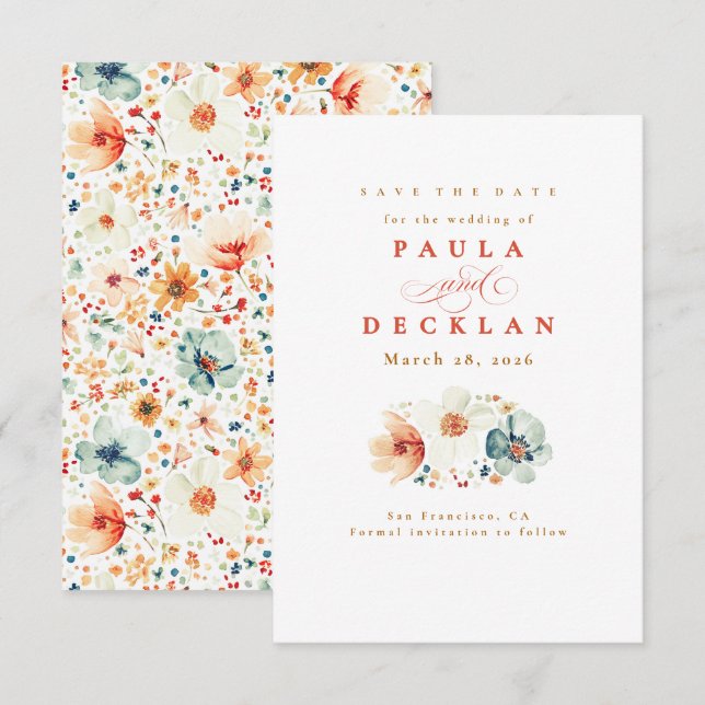 Save The Date Fleur sauvage d'aquarelle Boho Earthy Enregistrer  (Devant / Derrière)
