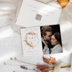 Save The Date Fleur sauvage d'automne Monogram Crest QR Mariage 