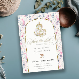 Save The Date Fleur sauvage d'or Blush Ganesh Mariage indien