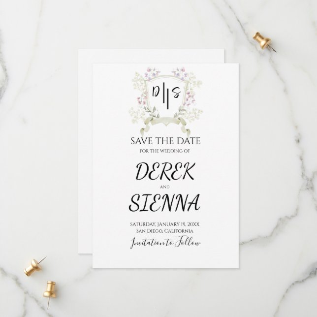 Save The Date Fleur sauvage Dusky Monogram Crest Mariage (Devant/Arrière en situation)