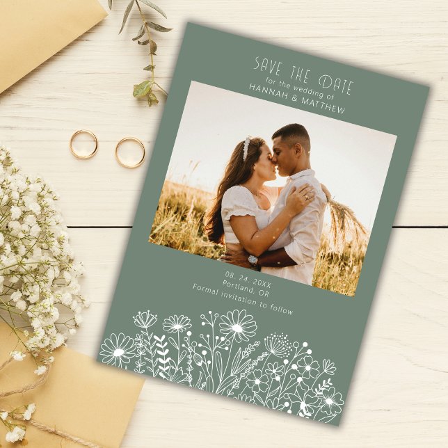 Save The Date Fleur sauvage Elegant Moderne Sage Vert Photo Mari (Créateur téléchargé)