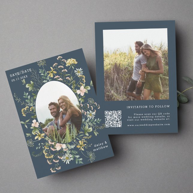 Save The Date Fleur sauvage Frame 2 Photo Mariage QR Code Marine (Créateur téléchargé)