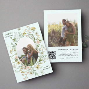 Save The Date Fleur sauvage Frame 2 Photo Mariage QR Code Mint