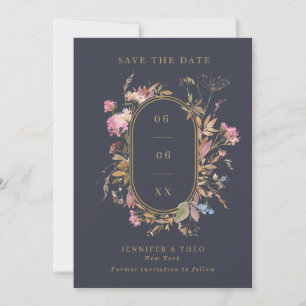Save The Date Fleur sauvage Marine & Gold Frame Mariage photo