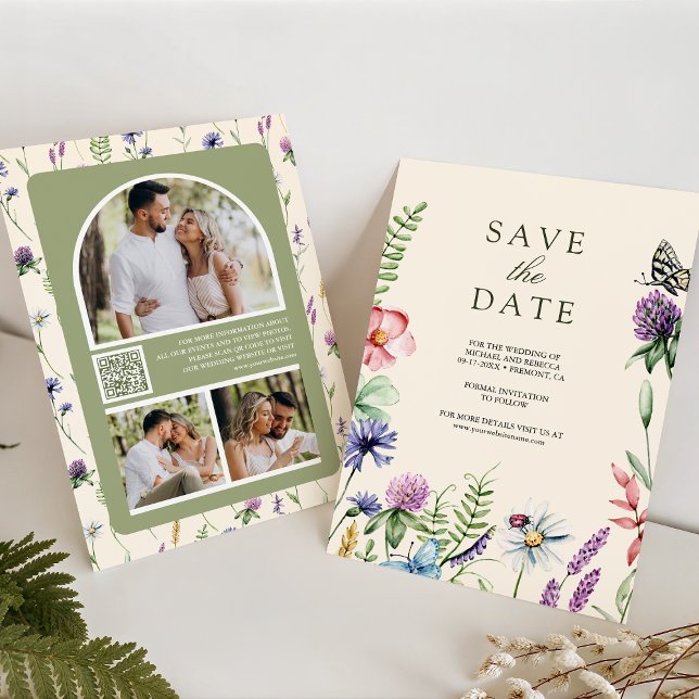 Save The Date Fleur sauvage Photo QR Code Cream Mariage (Créateur téléchargé)