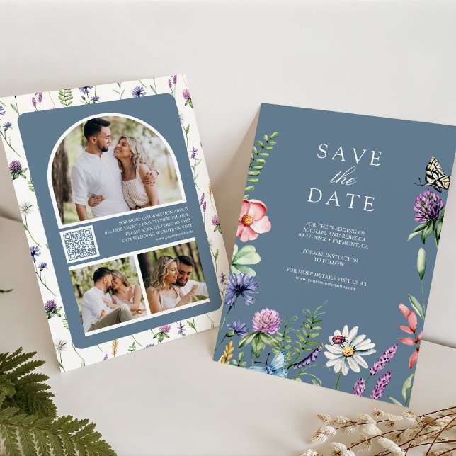 Save The Date Fleur sauvage Photo QR Code Dusty Blue Mariage (Créateur téléchargé)