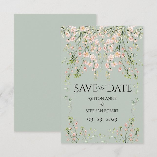 Save The Date Fleur sauvage rose bleu Sage Mariage vert (Devant / Derrière)