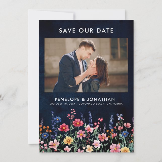 Save The Date Fleur sauvage Rustique Pays Boho Floral Navy Photo (Devant)