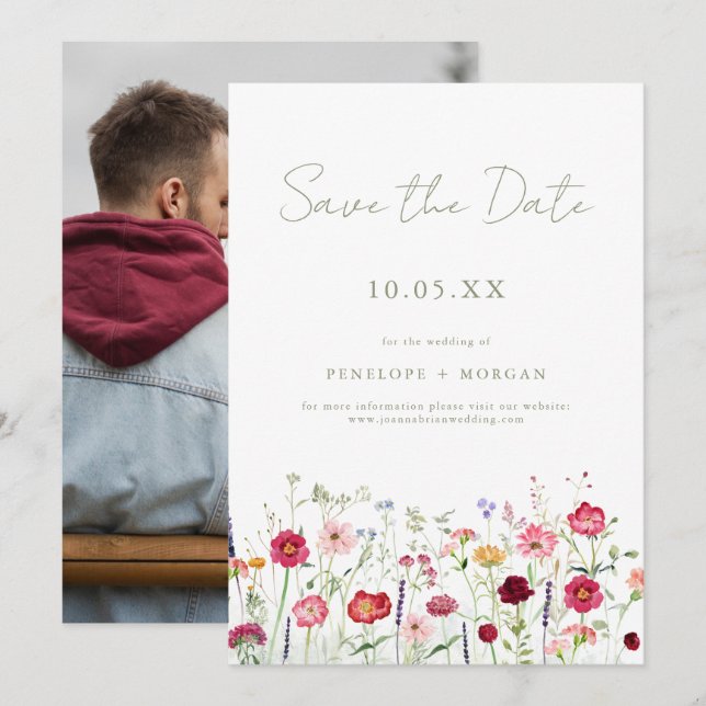 Save The Date Fleur sauvage Rustique Pays Floral Jardin Mariage (Devant / Derrière)