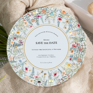 Save The Date Fleur sauvage vintage Fern Dusty Blue Mariage Roun